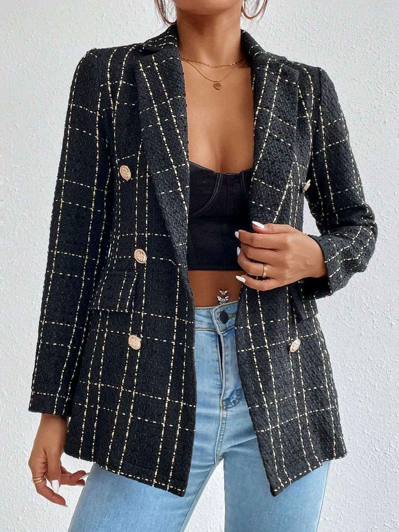 Frenchy Lapel Collar Long Sleeve Plaid Thick Woolen Blazer Jacket